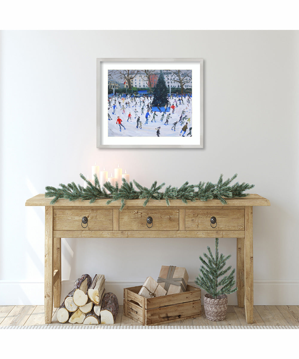 Skating at the Natural History Museum by Andrew Macara Wood Framed Wall Art Print (25  W x 21  H), Svelte Silver Frame