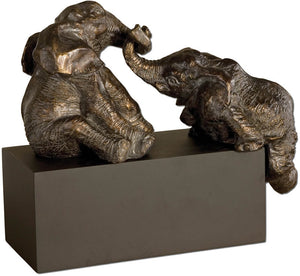 16"H Playful Pachyderms Statue Antique Bronze Patina