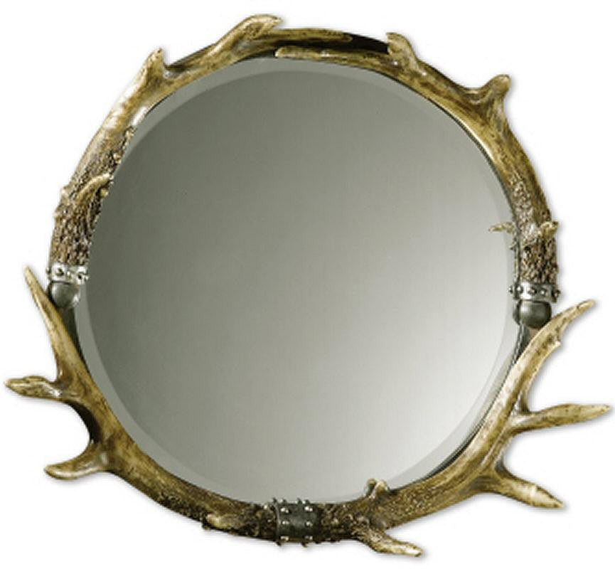24"H x 26"W Stag Horn Round Mirror Natural Brown/Ivory/Silver Leaf