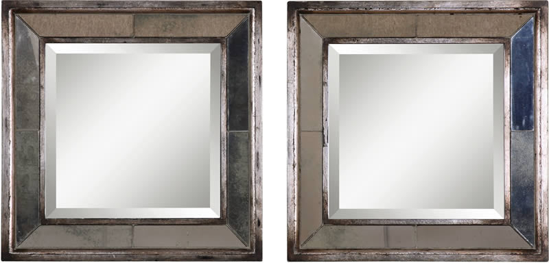 Uttermost Davion Squares Mirror Set of 2 Distressed Antiqued Silver Leaf 13555B