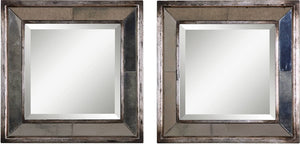 18"H Davion Squares Mirror Set of 2 Distressed Antiqued Silver Leaf