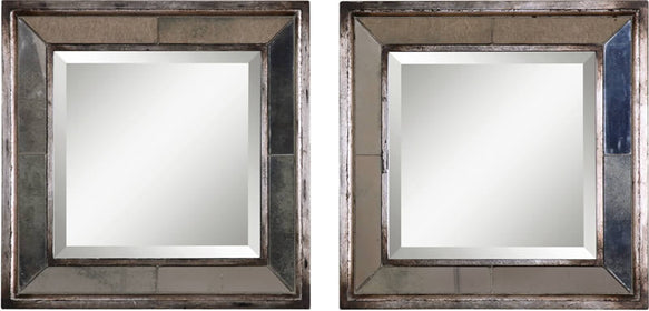 18"H Davion Squares Mirror Set of 2 Distressed Antiqued Silver Leaf